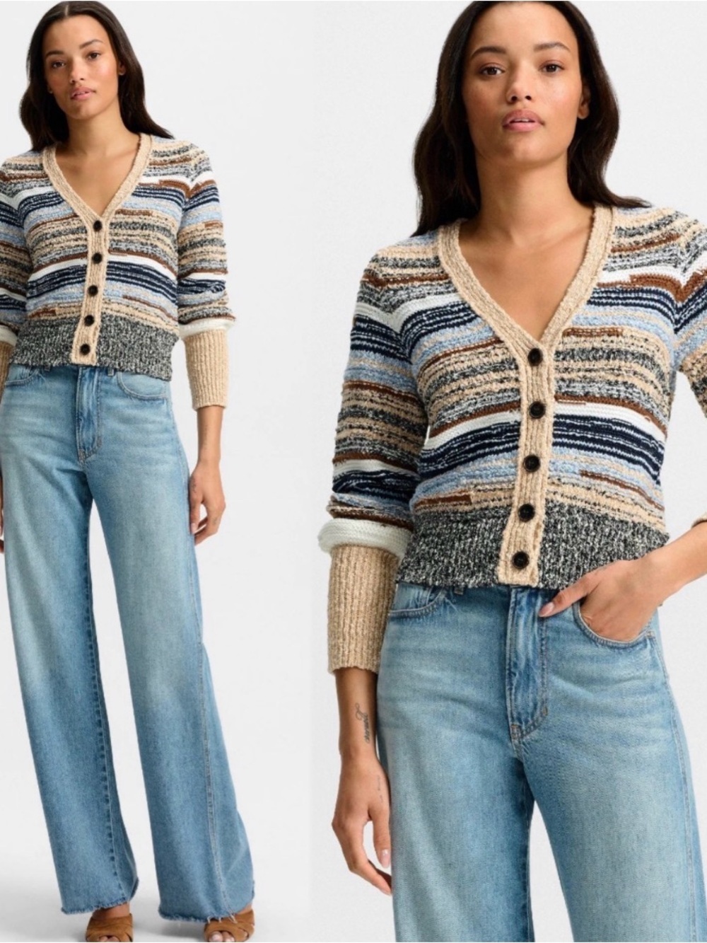 VERONICA BEARD CECILY STRIPED CARDIGAN V-Neck Button Front - Beige Multi size S